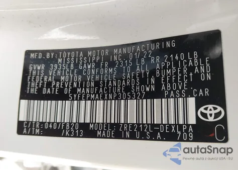 2022 Toyota Corolla Le из США, поврежденный, VIN 5YFEPMAEXNP305327